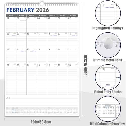 GuassLee Extra Large Wall Calendar 2026-2027, 20"x 30" Gaint Vertical Wall Calendar 2026, Jan. 2026 to Jun. 2027, 18-Month Paper Hanging Planner Wall with Julian Date for Office Home Planning