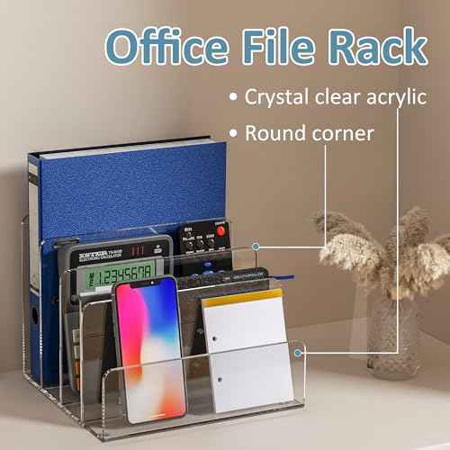Acrylic File Holder 4 Compartment, Clear Desk File Organizer, Acrylic Organizer for Books, Phone, Ipad, Envelope, Notebook, Calculator
