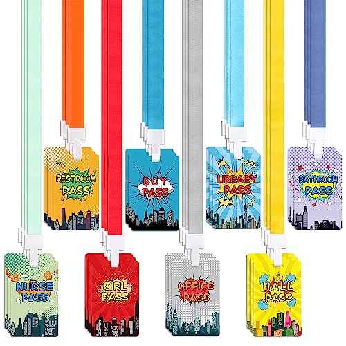 48 Pieces Hero Text Passes Set: 24 Pieces Passes and 24 Pieces Lanyards School Passes Set Hall Pass Restroom Pass Bathroom Pass Nurse Pass Library Pass Office Pass Girl Pass Boy Pass(Hero)