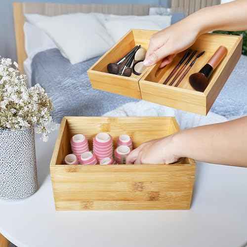 HOMESTEAD 3-Piece Stackable Bamboo Storage Box, Office Desk Organizer, Wooden Boxes for Makeup Drawer Organizer Bathroom, Office Supplies, Kitchen Utensils, Bamboo Storage Containers, Jewelry Tray