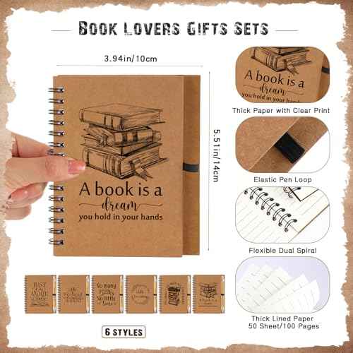 Thenshop 30 Sets Book Lover Gift Include Librarian Inspirational Spiral Notebook Pen Bulk Book Club Christmas Gift Reading Journal for Reader Student Teacher Np Week Librarian Day (Brown)