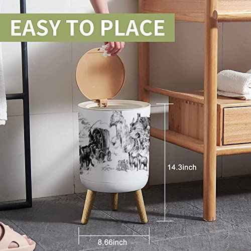 Small Trash Can with Lid Vintage Western Ranch Seamless American Wild west Garbage Bin Wood Waste Bin Press Cover Round Wastebasket for Bathroom Bedroom Kitchen 7L/1.8 Gallon
