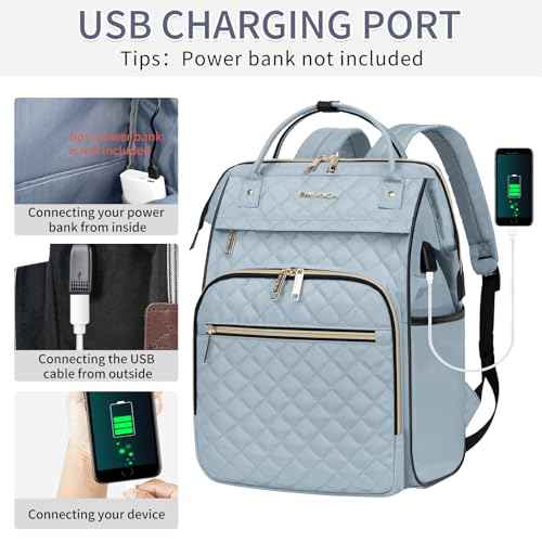 EMPSIGN 17 Inch Laptop Backpack for Women, Work Business Travel Computer College Bags, Large Capacity Water-repellent Quilted Casual Daypack with USB Port, Light Blue