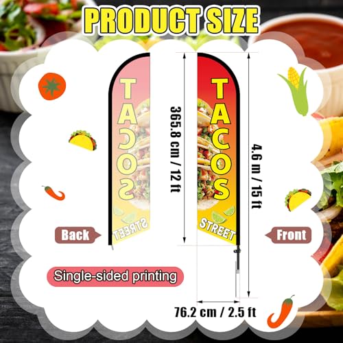 Tacos Street Advertising Swooper Flag Banner 15ft Feather Flag with Pole and Ground Stake Advertising Feather Banner Sign for Restaurant Business Outside Ground