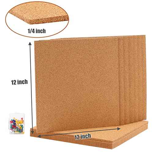 SUNGIFT Cork Board 12"x12" -12 Pack Bulletin Boards 1/4" Thick Square Decorative Cork Tiles with 100 PCS Push Pins Double-Sided Adhesive Corkboards Tiles for Wall Office