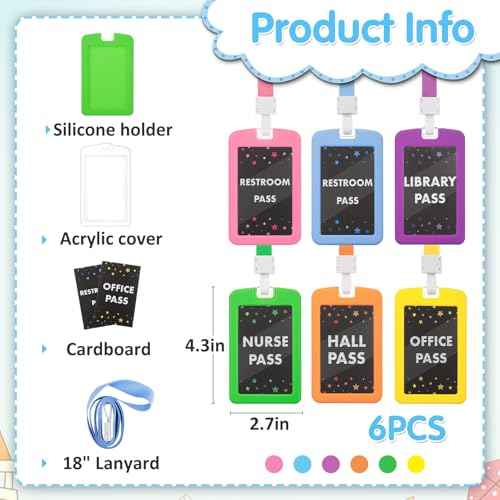 Set of 6 School Hall Pass Lanyards - 6 Color Safety Silicone Passes for Classrooms Office Student Teacher Supplies - Chalking Styles