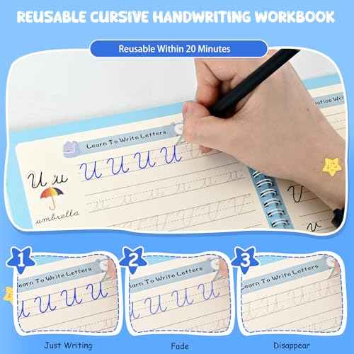 2 Pack Grooved Cursive Handwriting Workbook,Reusable Handwriting Practice Copybooks,Cursive Writing Practice Book for Kids Beginners