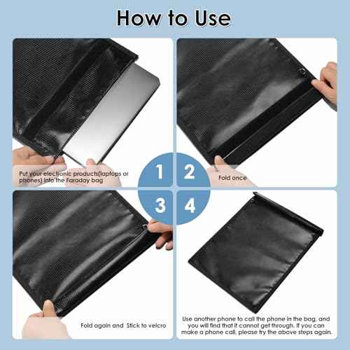 Faraday Bags, Anti-Tracking Faraday Cage, Set of 4 Sizes for Laptops, Tablets, Phones and Car Keys, RFID Signal Blocker Pouch, Fireproof & Waterproof (Black)