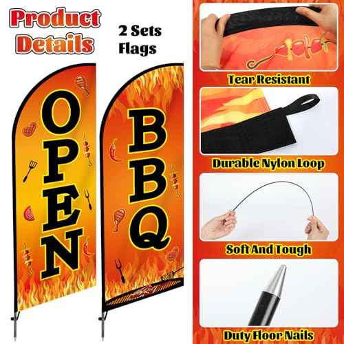 2 Sets BBQ Feather Flag for Businesses Barbecue Swooper Banner Sign with Carbon Fiber Pole and Advanced Ground Stake Portable Bag Open Advertising Flag Banner for Business Advertising Outside