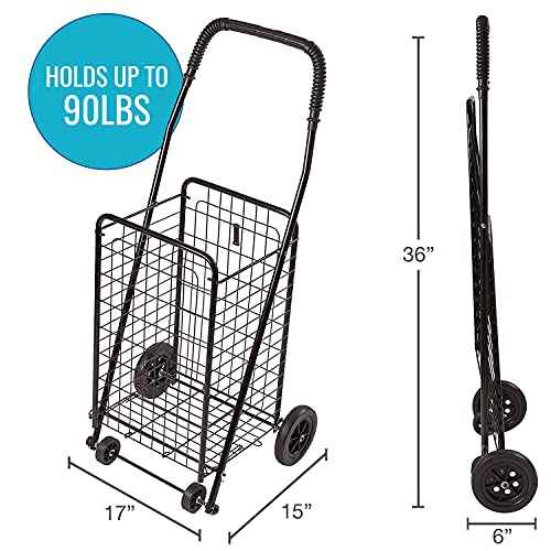 DMI Utility Cart with Wheels to be used for Shopping, Grocery, Laundry and Stair Climber Cart, Weighs 7.5 Pounds but holds up to 90 Pounds, Compact and Foldable, Black