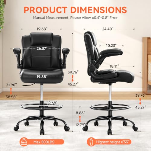 JMYMRY PU Leather Drafting Chair with Foot Ring, Black/Modern, Height Adjustable 360° Swivel, Flip-Up Armrests, Counter/Standing Desk