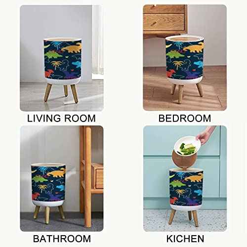 Small Trash Can with Lid Seamless Colorful Dinosaurs Dinosaur Silhouette Round Recycle Bin Press Top Dog Proof Wastebasket for Kitchen Bathroom Bedroom Office 7L/1.8 Gallon
