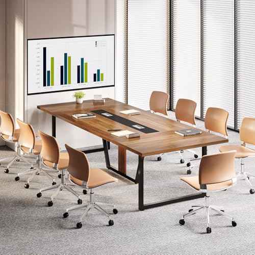Little Tree 8FT Conference Table for 10 People, Large Meeting Table, Modern Conference Room Table with Cable Management, Training Table with Strong Metal Legs for Office, Brown