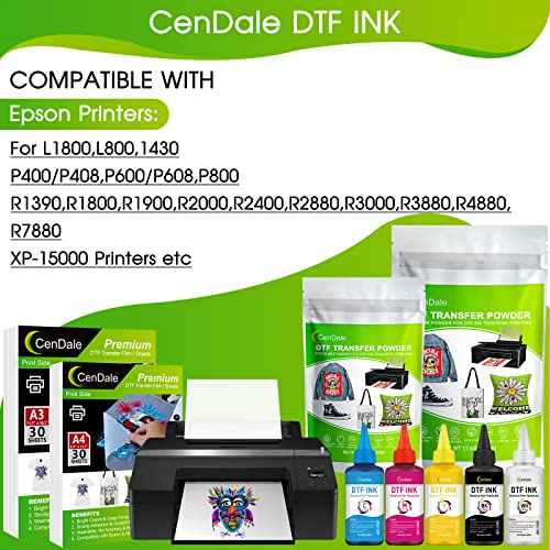 Premium DTF Ink 600ML- DTF Transfer Ink for PET Film, Refill for DTF Printers Epson ET-8550, XP-15000, L1800, L805, R1390, R2400, Heat Transfer Printing Direct to Film (100ml x 6, CMYK Wh)