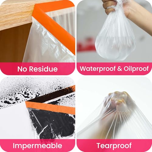 TAPEBEAR Pre-Taped Masking Film, 102" x 56Feet x 3Roll Plastic Sheeting Cover for Painting, Tape and Drape, Painters Masking Tape Film Plastic Drop Cloths for Auto, Appliance and Furniture