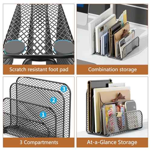 gianotter Mail Organizer Countertop, Metal File Holder with 3-Slot, Bill Organizer for Office Receipts and Letter Paper Storage (Black)