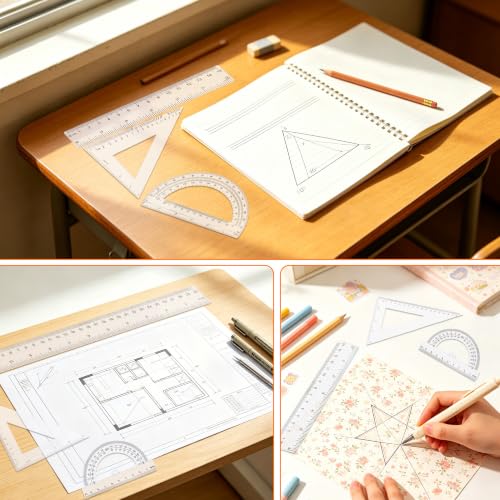 Transparent Plastic Ruler Math Set - 6'' & 12'' with Protractors & Triangle Rulers