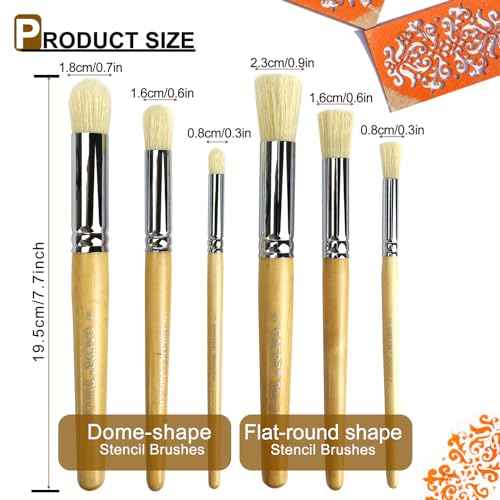 Wooden Stencil Brush Set, 6 Pieces Natural Hog Bristle Dome Stencil Brushes for Painting On Wood Wall, Stencil Projects, Card Making, DIY, Crafts and Acrylic Oil Watercolor Painting¡¦