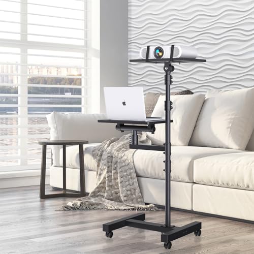 Projector Stand Tripod: 2 Shelves Mobile Laptop Cart Adjustable Height 45 to 64 Inches, Rolling Laptop Stand Cart with Ventilated Tray, Projector Tripod Stand on Wheels for Couch, Bedside, Meeting