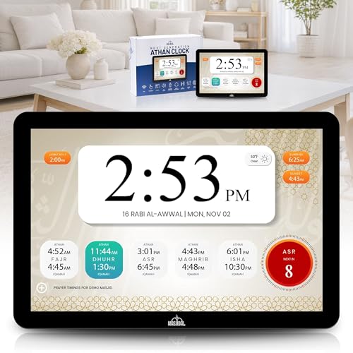 Masjidal 8-Inch Black WiFi Digital Islamic Prayer Clock & Quran Player