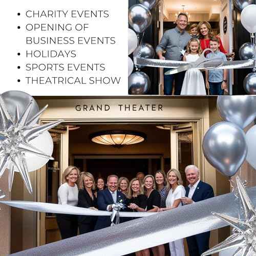 Silver Ribbon Cutting Ceremony Kit - 25 Inch Scissors for Grand Opening Satin Ribbon Silver Star Balloons and Grand Opening Banner for Inaugurations Special Events Ceremonies