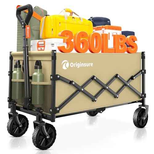 Collapsible Wagon Cart Foldable - Lightweight Portable Heavy Duty Folding Beach Wagons with Wheels - Outdoor Utility Carts for Grocery, Camping, Shopping, Sports with Large Capacity - Khaki