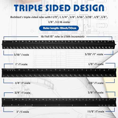 Macarrie 10 Pcs Architectural Scale Triangular Ruler 12" Architect Engineers Scale Ruler Set Aluminum Metal Ruler with Imperial Measurements for Architect Student Draftsman Engineer (Black)