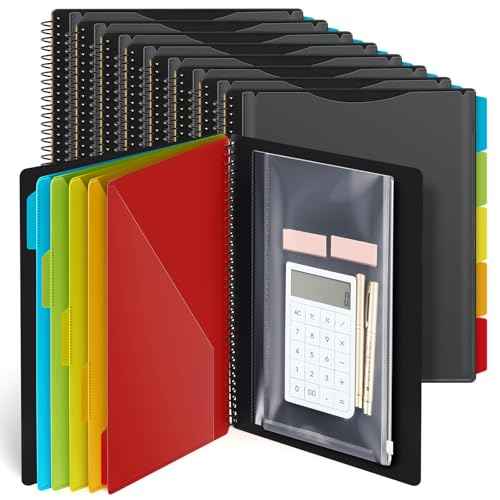 Yeaqee 6 Pack 10 Pocket Project Organizer Spiral Multi Pocket Folders Binder Organizer with Dividers Writable Tabs Zipper Pouch, Letter Size Plastic Folders for School Office