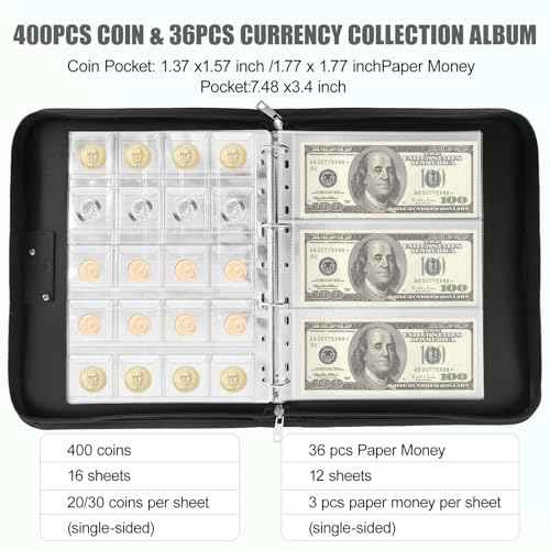Coin Collection Book with Lock, 400 Pockets Fireproof Coin Collection Book & 36 Paper Money Organizer Binder for Coin Currency Collection Supplies,Pennies,Bill,Tokens,Badges