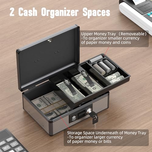 Locking Cash Box with Money Tray and Key, Secure Money Safe Box for Cash, Portable Money Box with Bottom Storage Spaces, Money Saving Organizer (Black, Large)