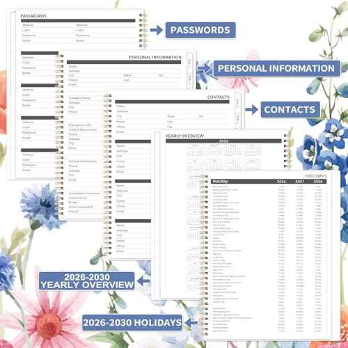 2026-2030 Monthly Planner - 5 Year Planner/Calendar, 2026-2030 Monthly Calendar Planners Spiral Bound, Jan. 2026 - Dec. 2030, 9" x 11", Twin-Wire Binding + Tabs + Pocket - Flowers