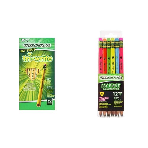 Ticonderoga® Tri-Write Beginners' Pencils With Erasers, #2 Soft, Yellow Barrel, Pack Of 36 & My First Tri-Write Wood-Cased Pencils, Neon Colors, 12 Count (X13012)