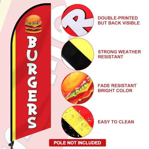 2 Set 7ft Burgers Restaurant Feather Flag Banner Advertising Swooper Flag with Pole Kit and Ground Stake for Burger Restaurant Business Outdoor Decor Events Promotion