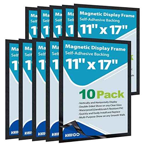 11"x 17" Self Adhesive Magnetic Sign Holder, Double Sided Window Magnetic Display Frame with Clear PVC and Strong Magnetic for Office/Home/Store/Door/Glass/Wall Display Frame(Black,10Pack)