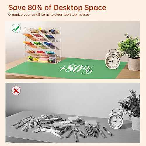 BEYGORM Acrylic Vertical Marker Organizer for 150 Markers with 13 Compartments, Clear Angled Pen & Pencil Holder, Large Desk Stationery & Art Supply Storage for Office & School (10.2 x 9.8 x 4 Inch)
