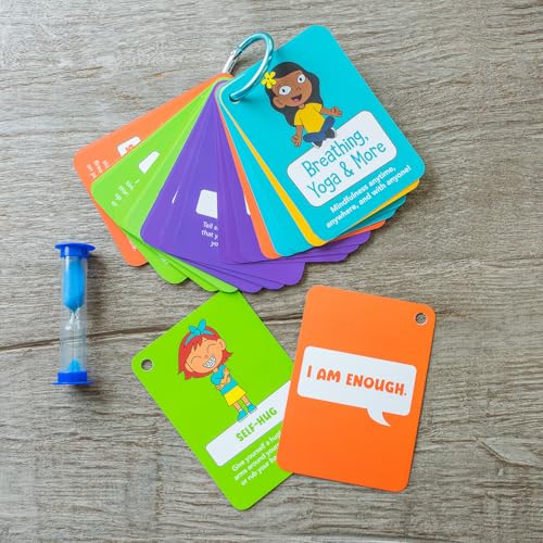 Kids Mindfulness Card Set with Sand Timer & Carrying Ring - Stress Relief & Emotional Regulation