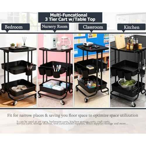 3 Tier Rolling Cart with Table Top, Black Metal Utility Storage Organizer Carts with Hanging Cups and Hooks, Multifunctional Mobile Cart with Casters for Small Spaces, Classroom,Offices,Dorm