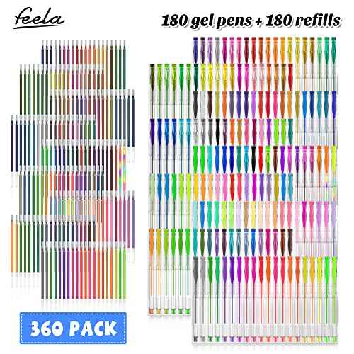 feela 360 Colors Gel Pens Set 180 Unique Gel Pen Plus 180 Refills for Adult Coloring Books Drawing