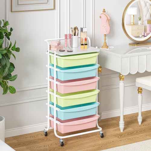 X1 Rolling Storage Cart with Drawers, Utility Cart with 6 Plastic Drawers, Storage Drawer Cart with Lockable Wheels, Multipurpose Movable Organizer Cart for Home, Bedroom, Office, School