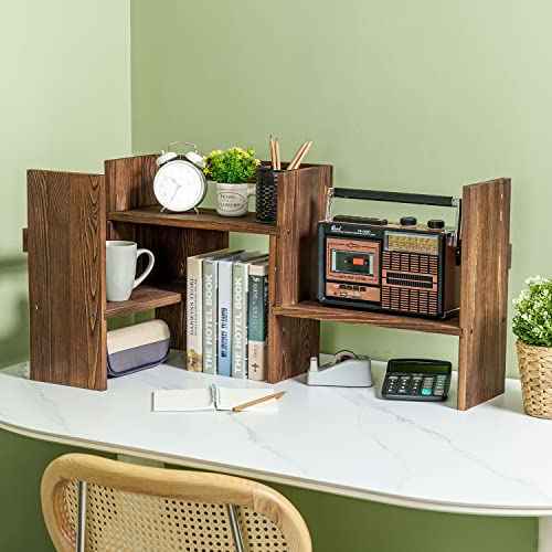 MyGift Adjustable Desktop Shelf, Deluxe Rustic Burnt Solid Wood Stackable Multilevel Bookshelf Organizer Stand, Home or Office Desk Storage Shelving Rack