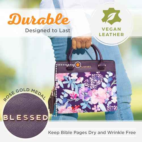 Christian Art Gifts Women's Fashion Bible Cover Purse Style Blessed, Purple Floral Faux Leather, Large