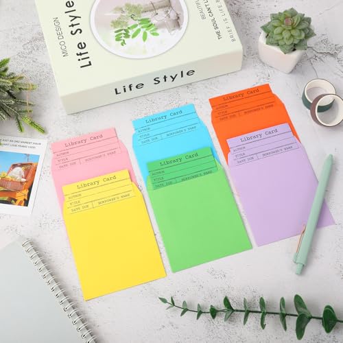 FYSUIMU 240 Pcs Library Pocket & Check Out Card Set with 6 Pastel Colors - Includes Envelopes & Due Date Notes