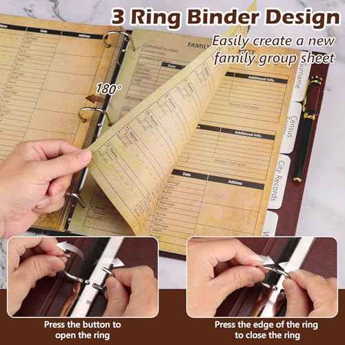 3 Ring Family History Binder 50 Sheet 12th Generation Family Group Sheets 16 Sheets Genealogy Binder Dividers Family Tree Charts to Fill in with PVC Pocket Pen Loop Brown