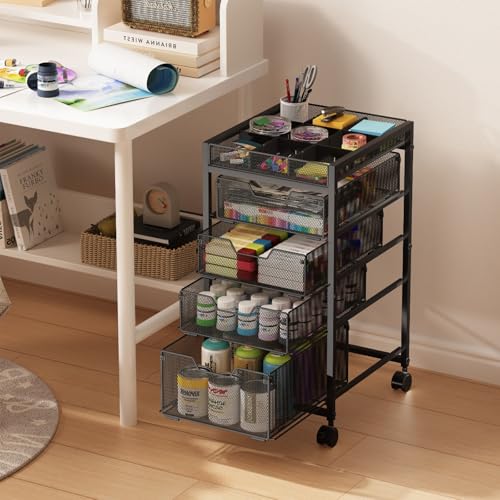 Hayexiha Rolling Utility Cart with 4 Drawers - Black, Lockable Wheels & Adjustable DIY Dividers