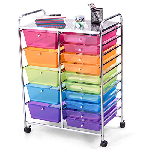 GOFLAME Rainbow 15-Drawer Rolling Storage Cart with Removable Drawers & Lockable Wheels