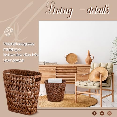 Hushee 2 Pack Wicker Waste Basket, Wicker Trash Can for Bathroom, Rattan Trash Can, Woven Bin for Office, Hyacinth Waste Basket for Home Kitchen(Plastic Water Hyacinth,Brown)