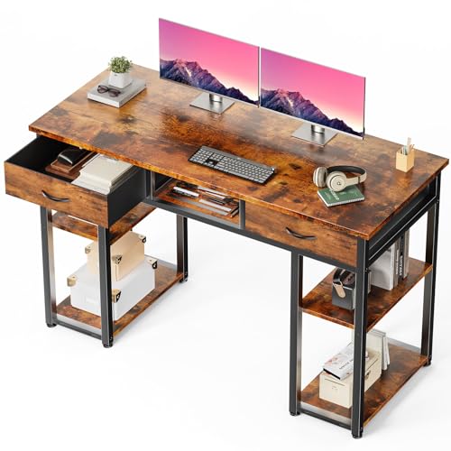 DUMOS 48" Small Computer Home Office Desk for Bedroom with Drawers, Gaming Writing Study Table with Storage Shelf, Adjustable Feet, Metal Frame Rustic Brown
