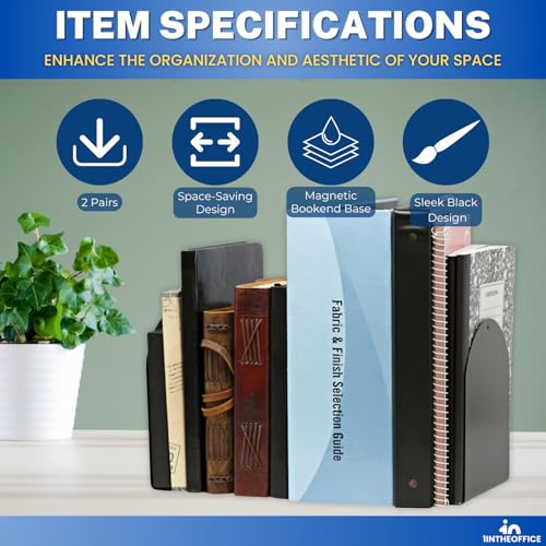Magnetic Metal Bookends for Shelves 6 x 5 x 7 inches — Black, Pack of 4 (Variation 4)