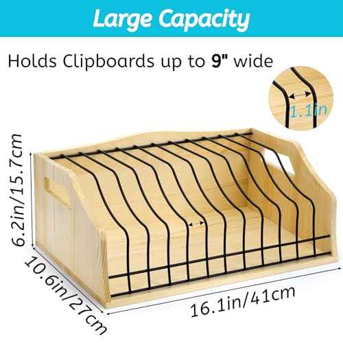 Youeon Vertical Clipboard Holder, 12 Slots Wood and Metal Clipboard Storage Rack, Desk File Organizer with Side Panel for Home, Office, School, No Assembly Required