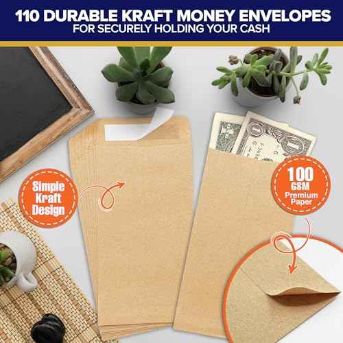Decorably 110 Pack Kraft Small Envelopes for Money, 3.5x6.5in Brown Small Money Envelopes for Cash Gift, Coins, Gifting, Trinkets, Tip, Business